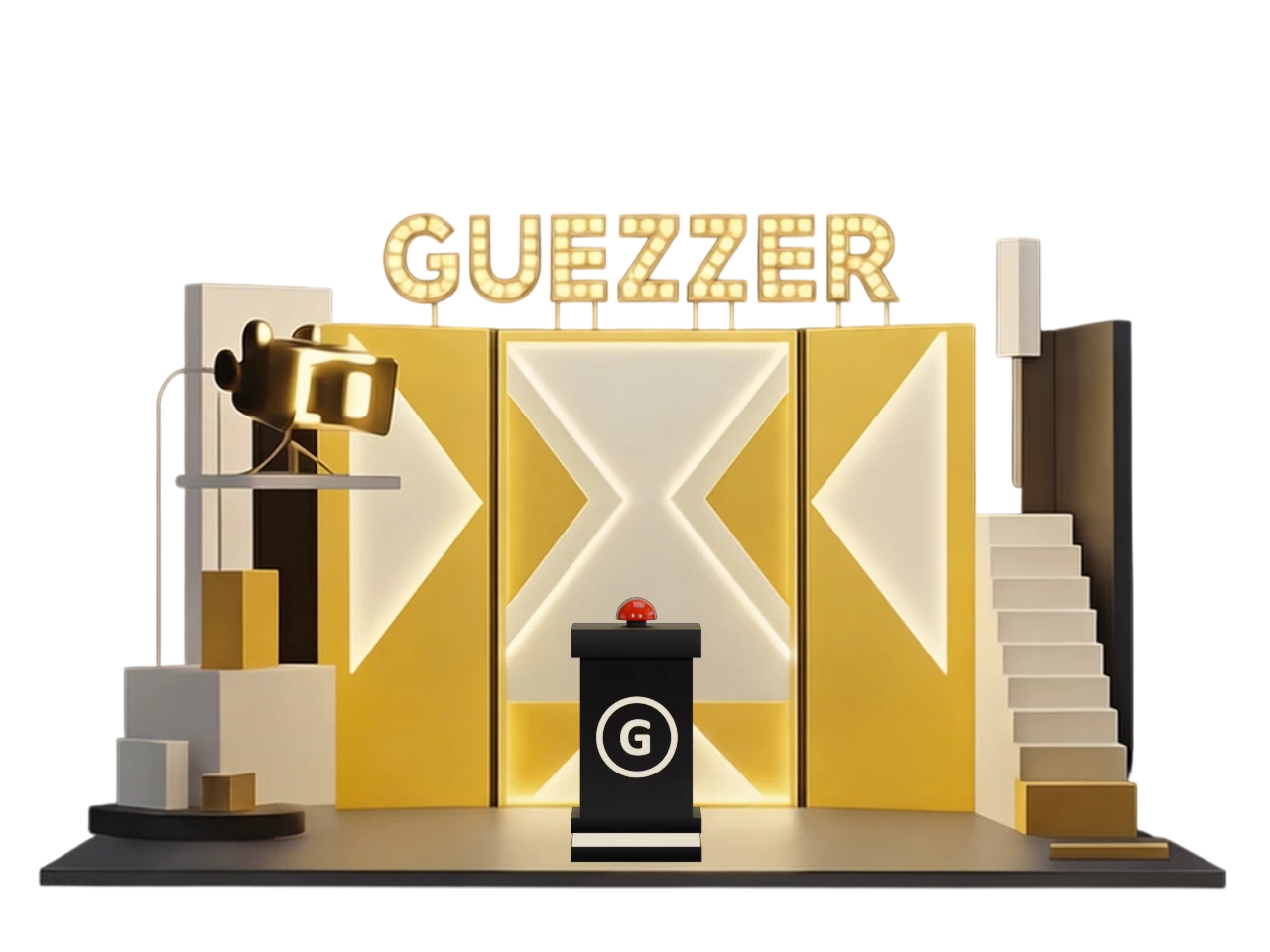 Das Guezzer-Studio mit einem einzelnen Buzzer-Pult auf der Bühne