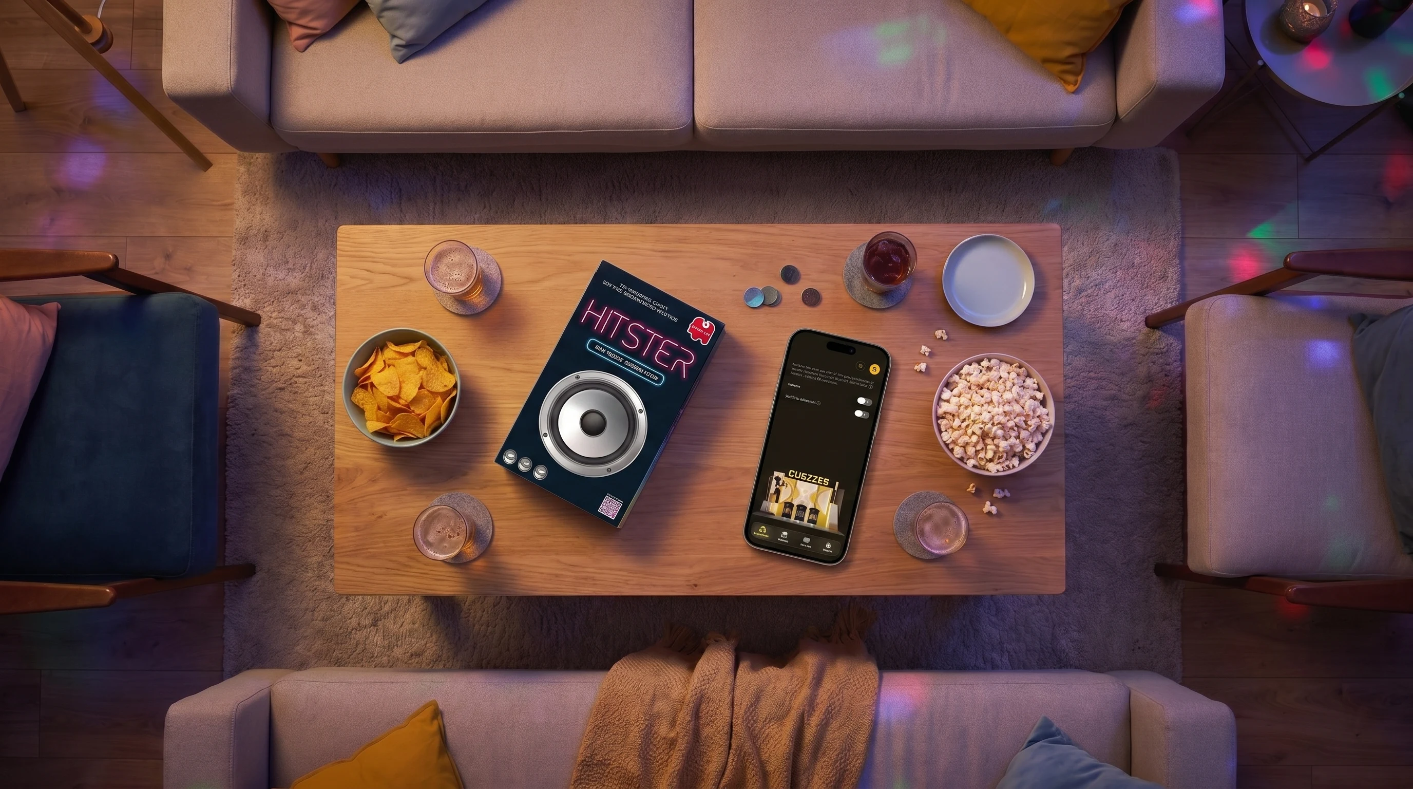 Couchtisch von oben mit Hitster-Spielbox neben einem iPhone, das Guezzer geöffnet zeigt - Chips, Popcorn und Drinks fürs Spieleabend-Setup