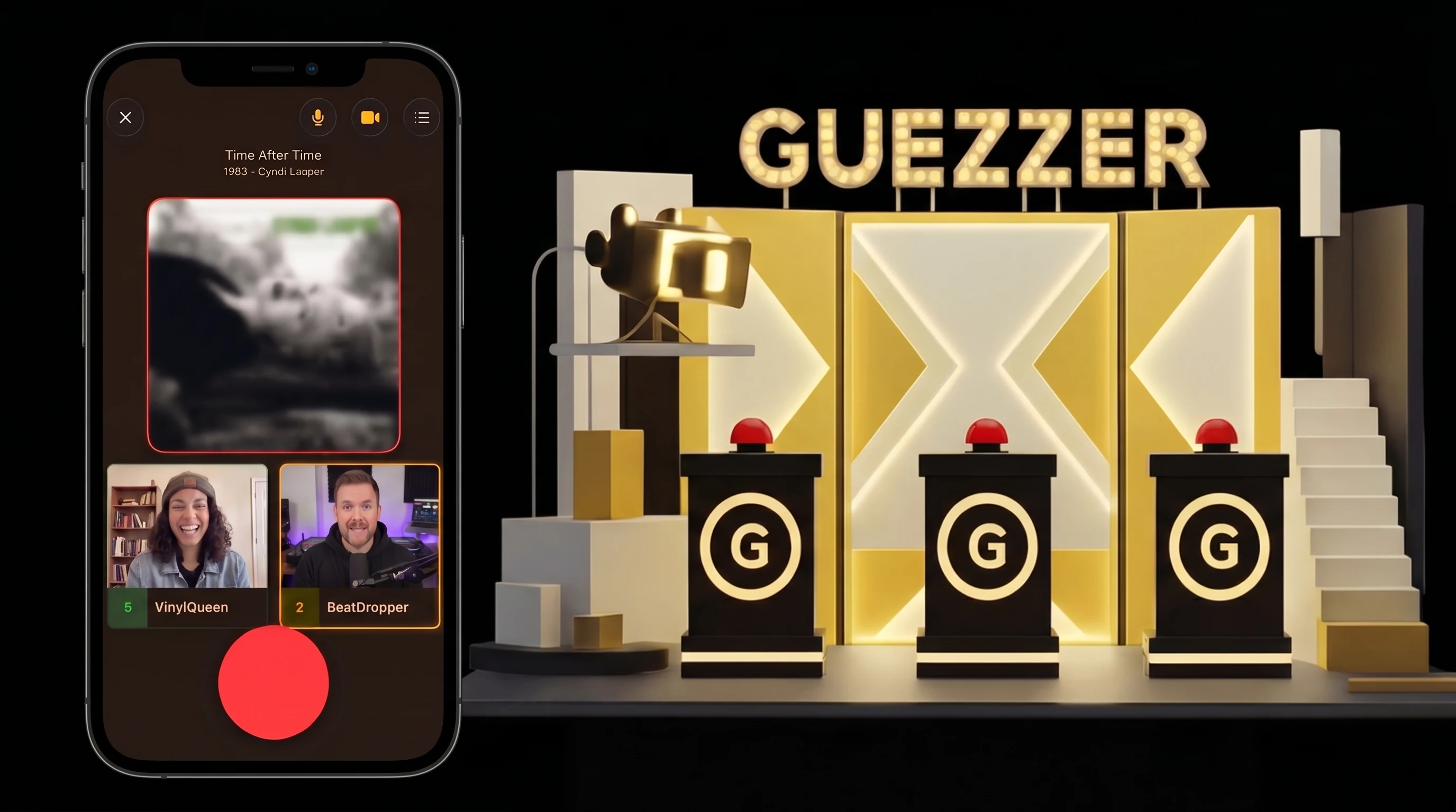iPhone mit Guezzer-Online-Multiplayer offen, zwei Spieler im Video-Chat, daneben die Guezzer-Studiobühne mit drei Buzzer-Pulten